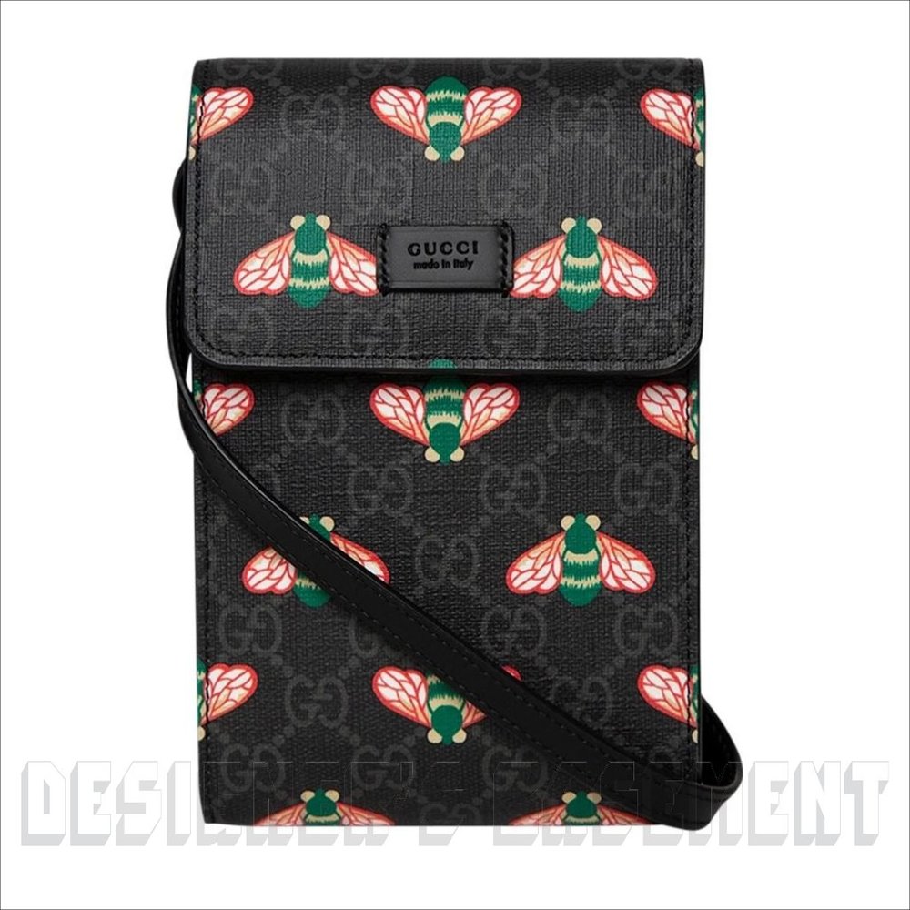 GUCCI black leather BESTIARY Bee GG Supreme black Canvas Cross Body PHONE bag 🎁 - Picture 2 of 5